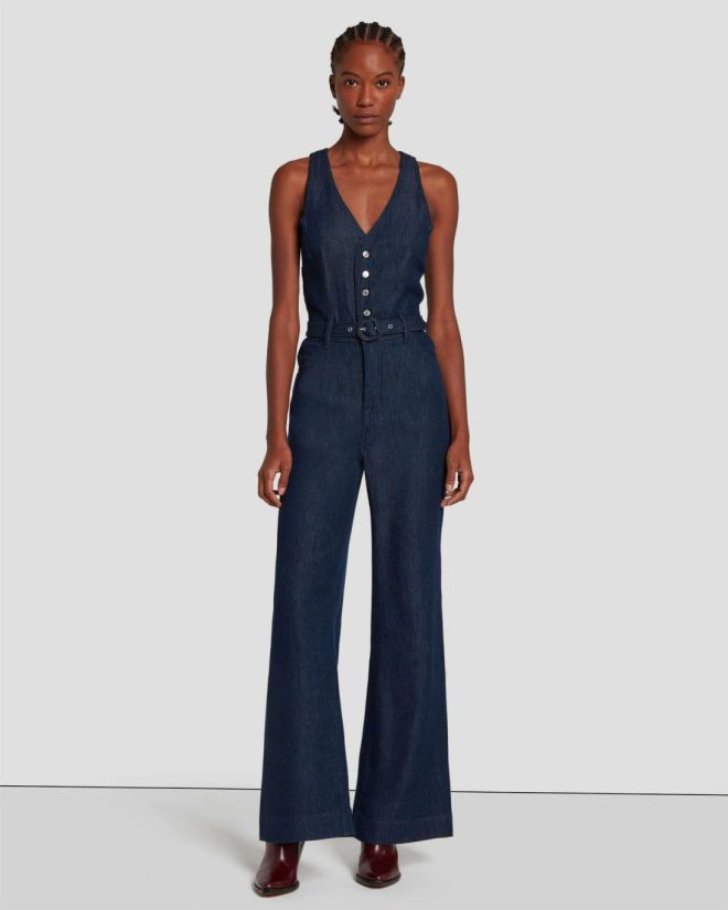 Women 7 For All Mankind  | Denim Lustre Tailored Wide Leg Jumpsuit In Dark Rinse